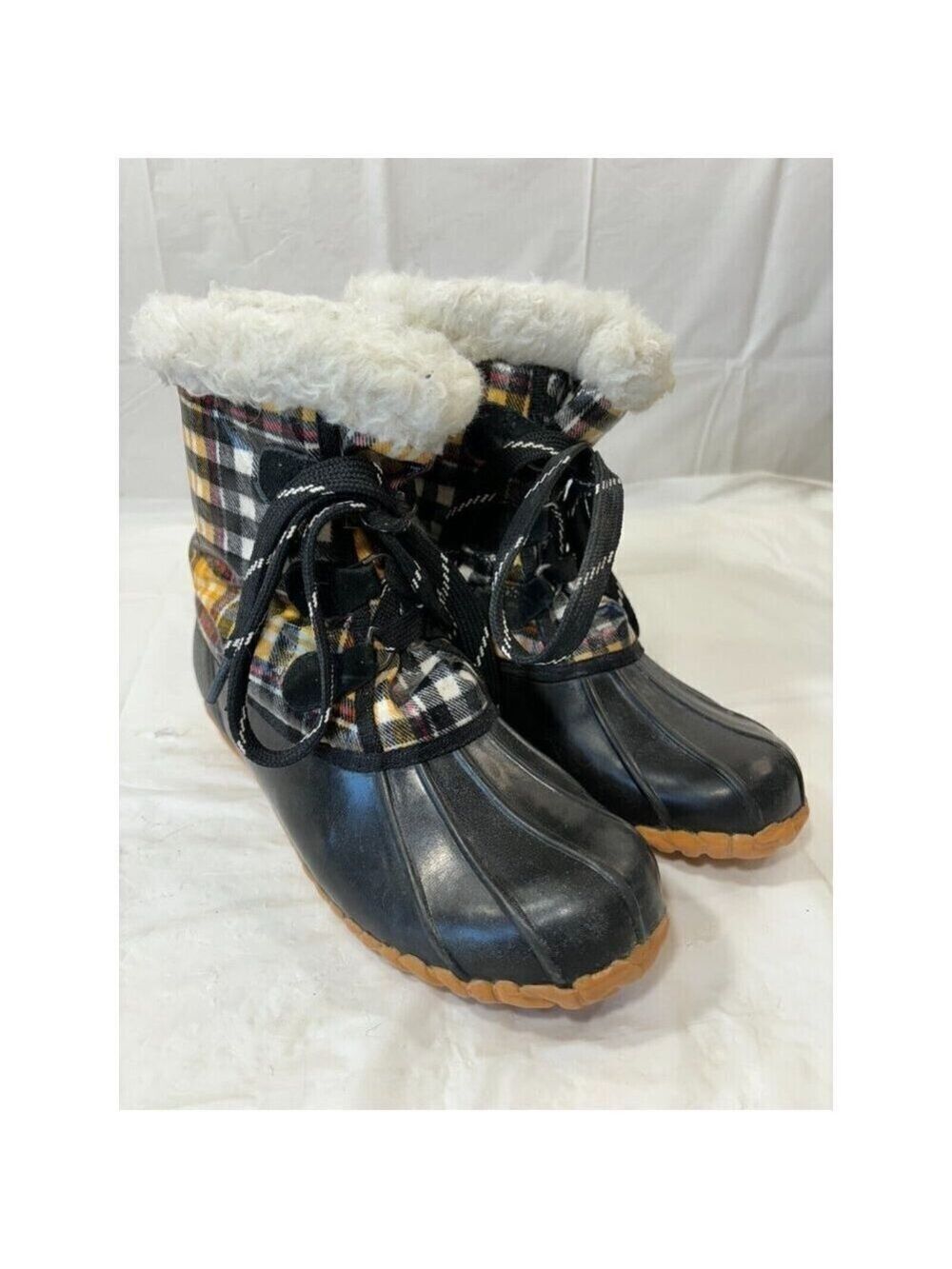 Sporto Kim Black Yellow Plaid Rubber Snow Boots Size 10